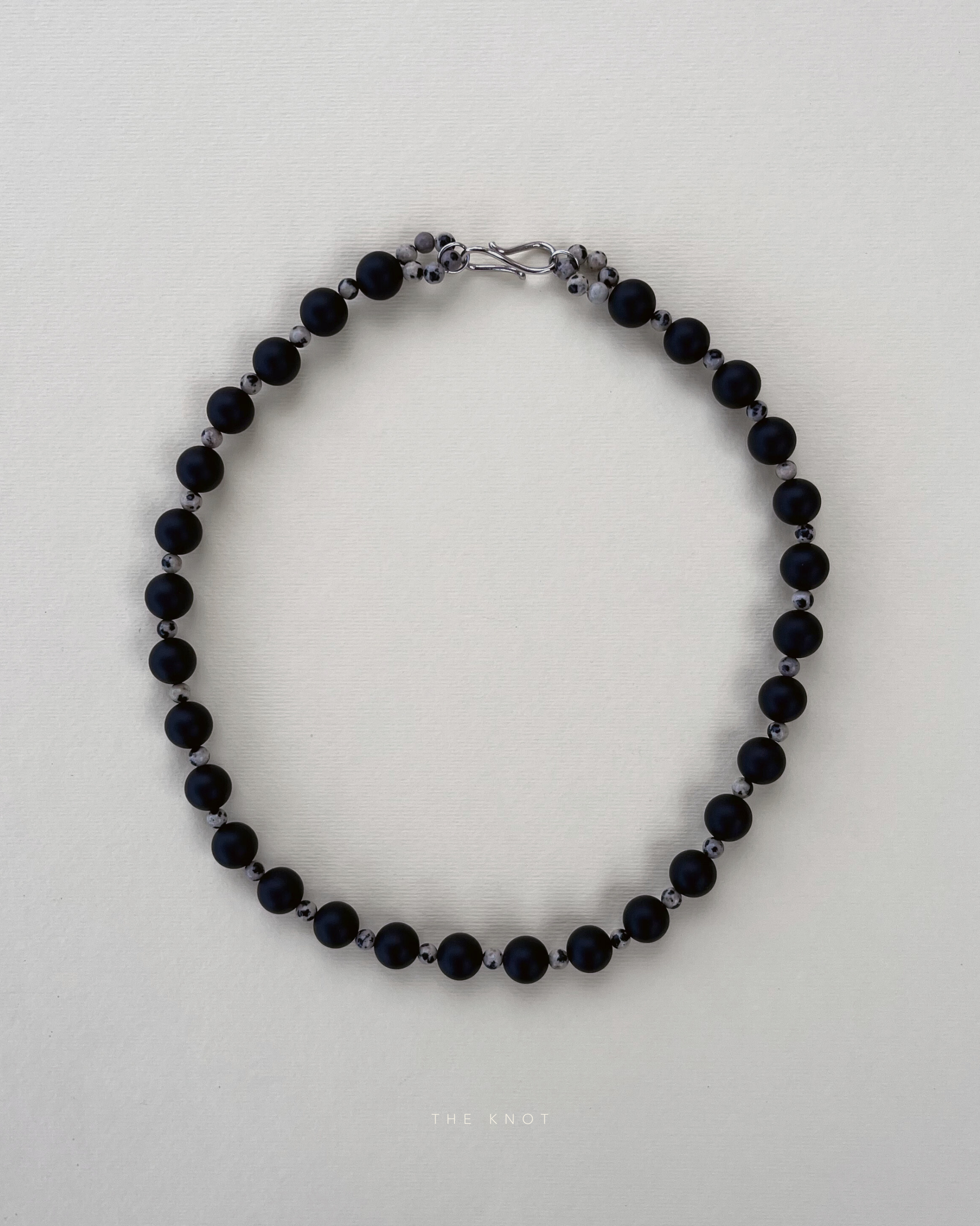 Handstrung matte black agate and dalmatian jasper beaded necklace