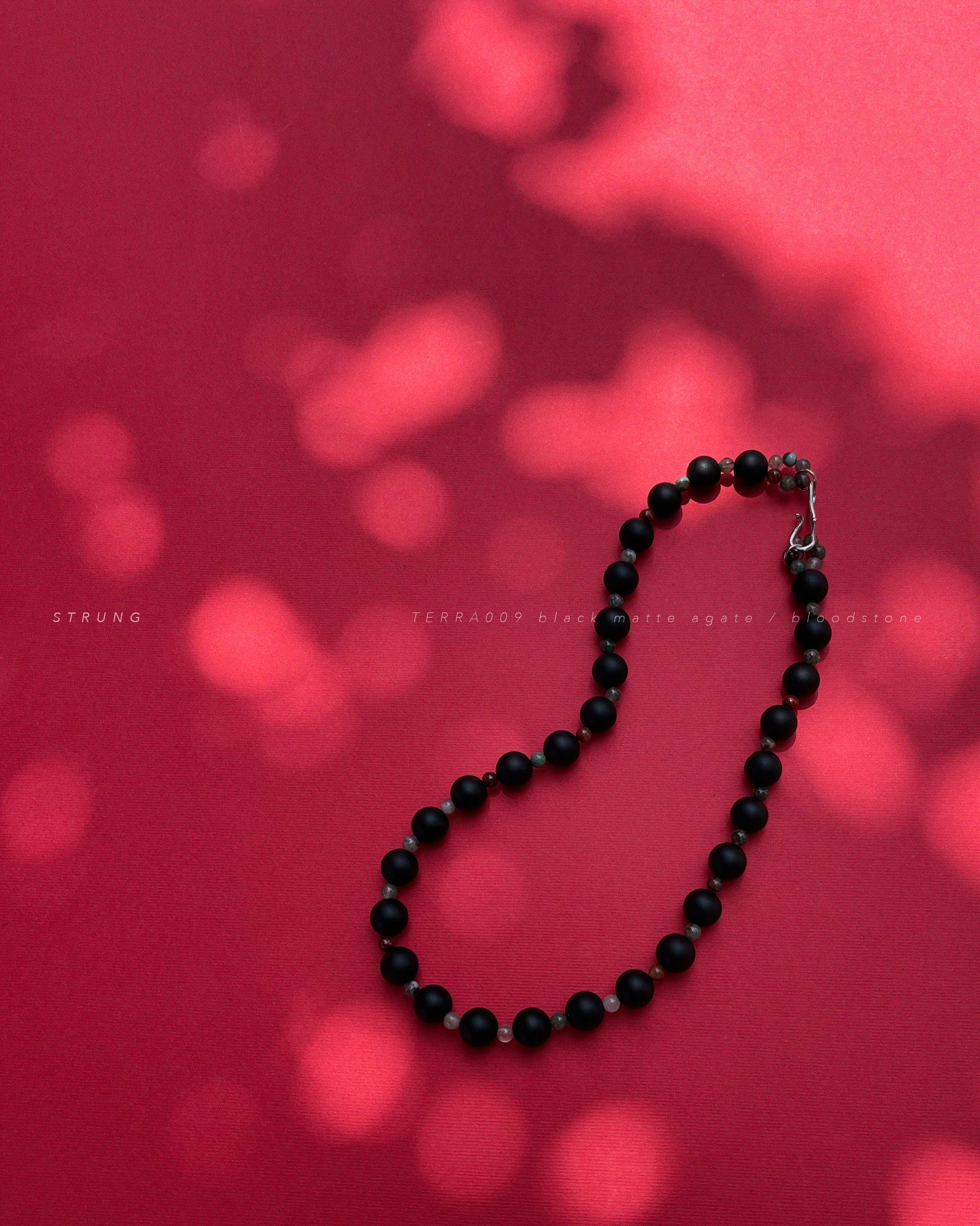 TERRA009 black matte agate and African bloodstone necklace strung on silk thread